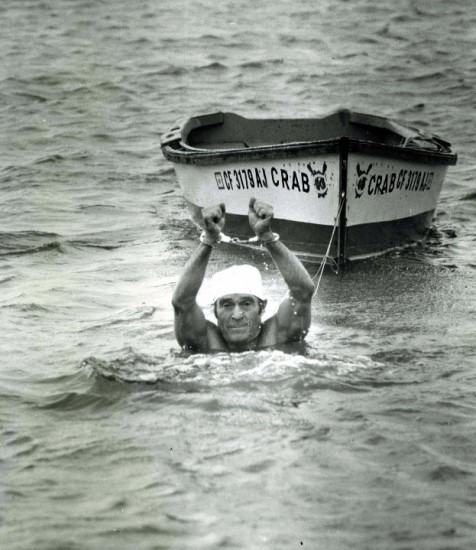 jack Jack LaLanne Swims from Alcatraz Island to Fisherman's Wharf, handcuffed, shackled and towing a 1,000-pound boat
